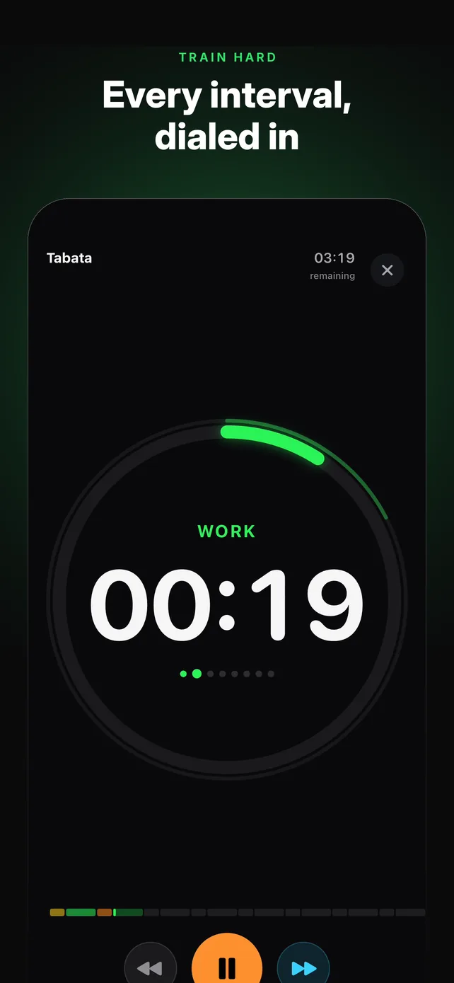 Train hard. Every interval, dialed in. The live Tabata timer mid-round.