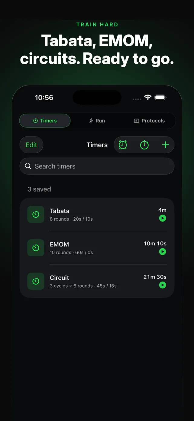 Train hard. Tabata, EMOM, circuits, ready to go. The saved timers library.