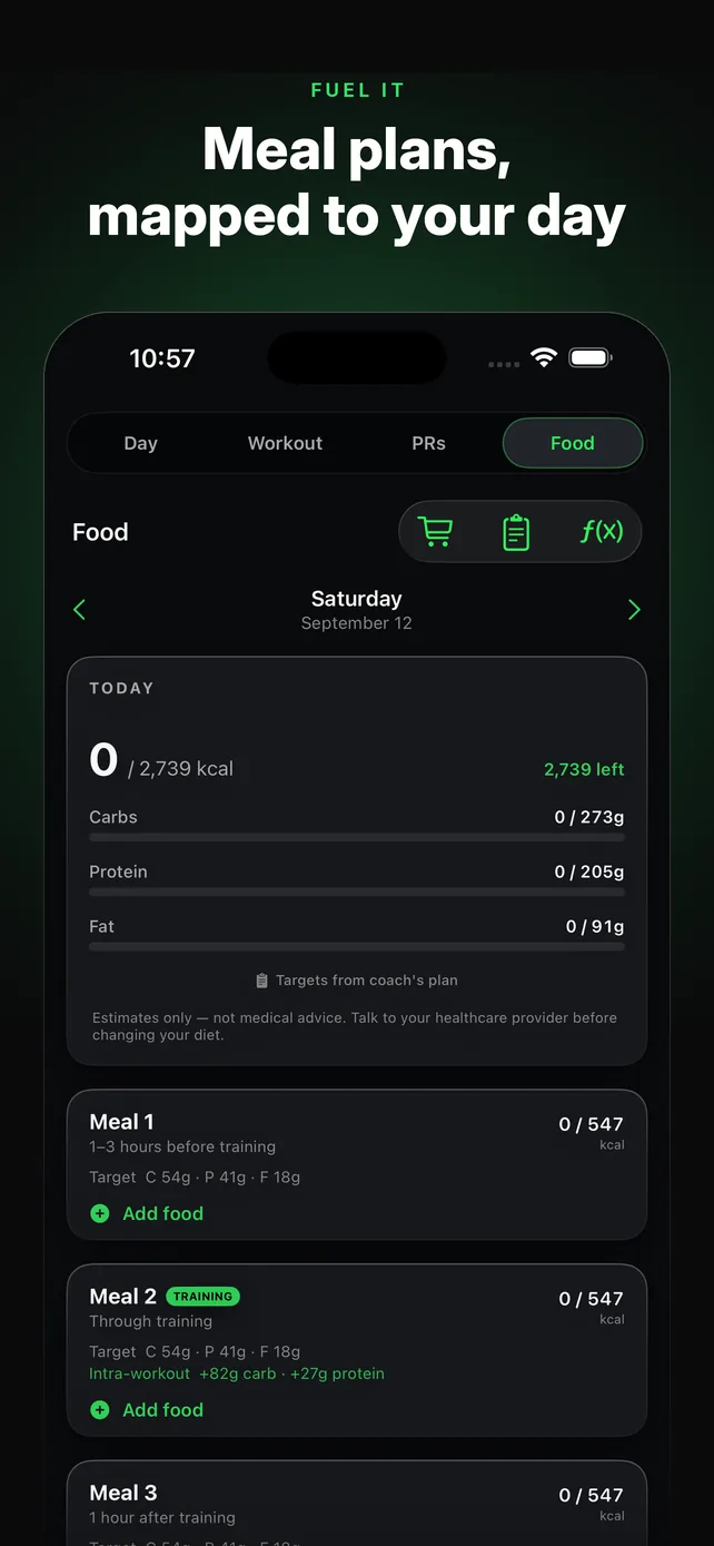 Fuel it. Meal plans, mapped to your day. Meals timed around training with coach targets.