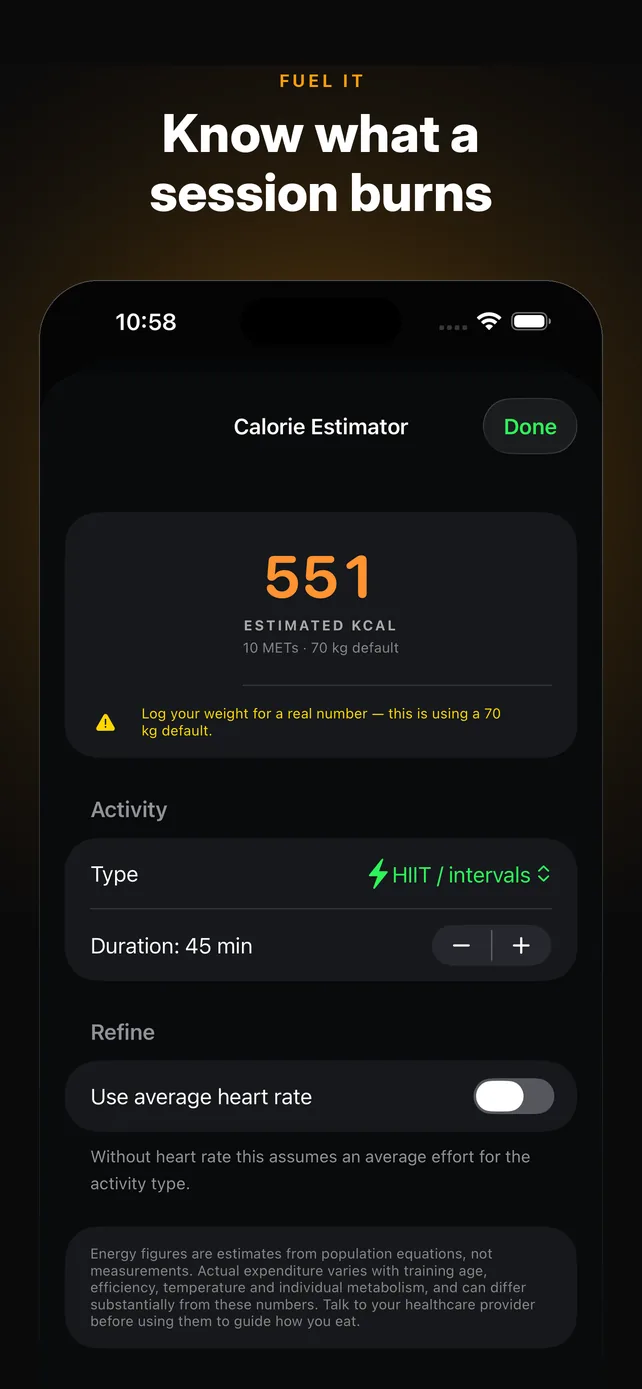 Fuel it. Know what a session burns. The calorie estimator for a 45 minute interval session.